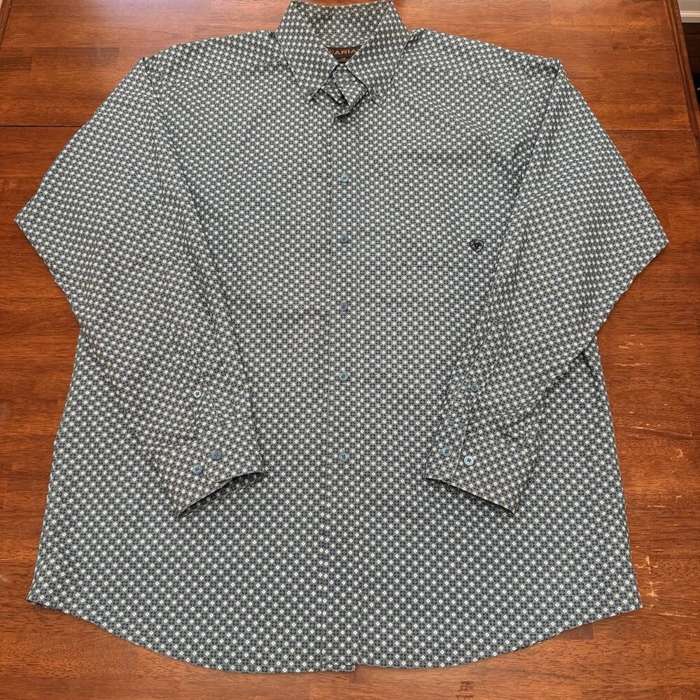Ariat Button Down Shirt Blue Geometric AOP Men's L Western Cowboy Work‎